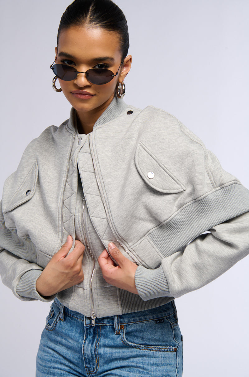 LYNX LAYERED BOMBER JACKET IN HEATHER GREY