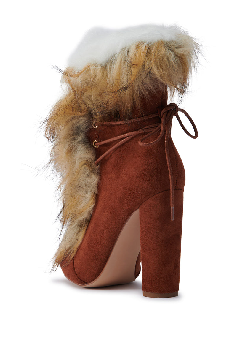 FANCY TAN LACE UP CHUNKY BOOTIE WITH FUR