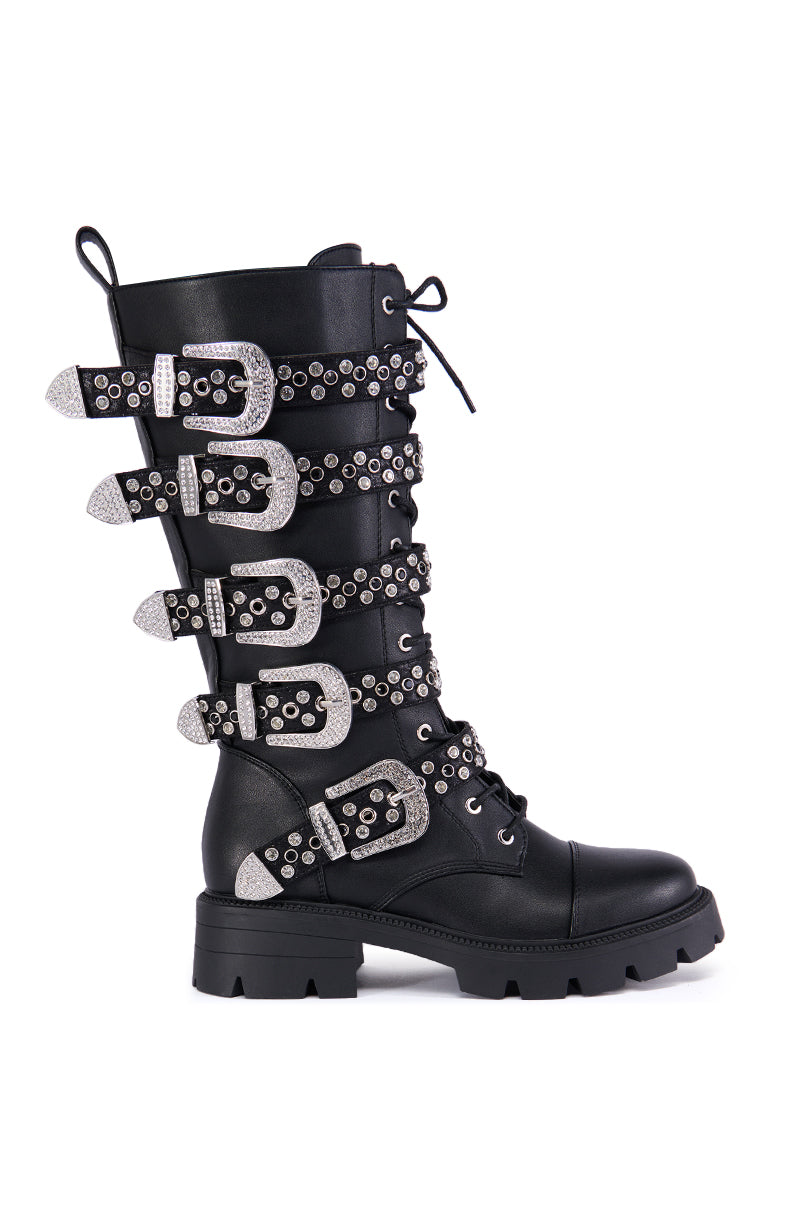 AZALEA WANG BALLADE BLACK EMBELLISHED RHINESTONE BUCKLE BOOT