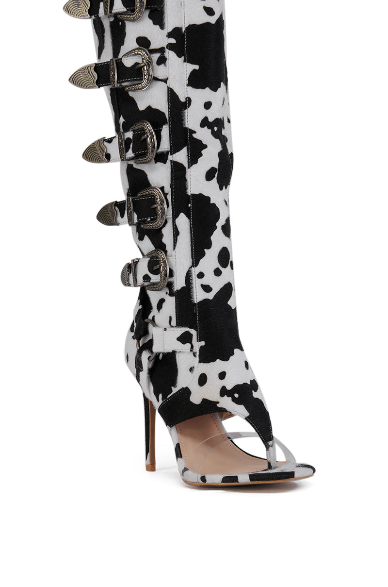 ELARAH COW PRINT FAUX PONY HAIR OPEN TOE SANDAL BOOT