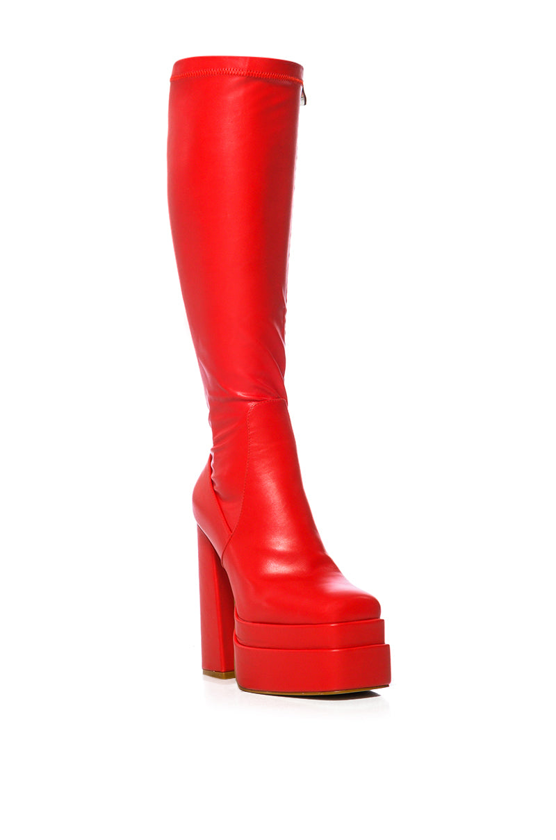 AZALEA WANG MAXINE STRETCH CHUNKY BOOT IN RED