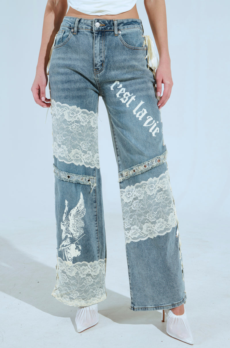 FEMME FATALE PRINTED AND LACE UP DETAIL DENIM JEANS