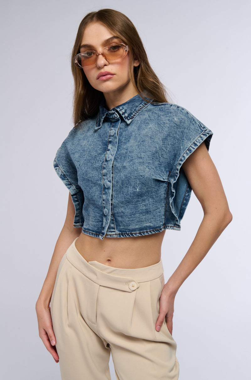 STAND ON BUSINESS SHORT SLEEVE DENIM COLLARED TOP