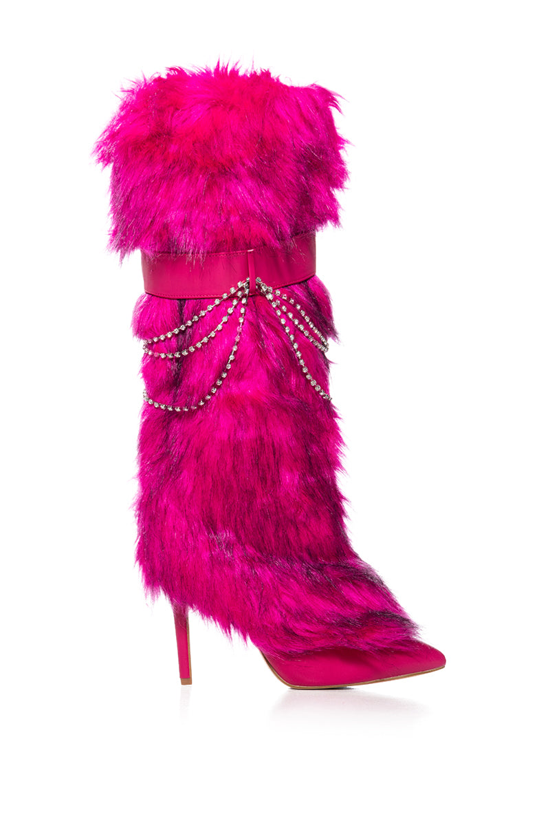 SCANDALOUS FAUX FUR STILETTO BOOT WITH RHINESTONE DETAILING IN PINK