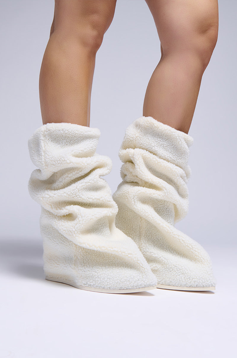 AZALEA WANG MARCELLE WHITE SHERPA WEDGE BOOT