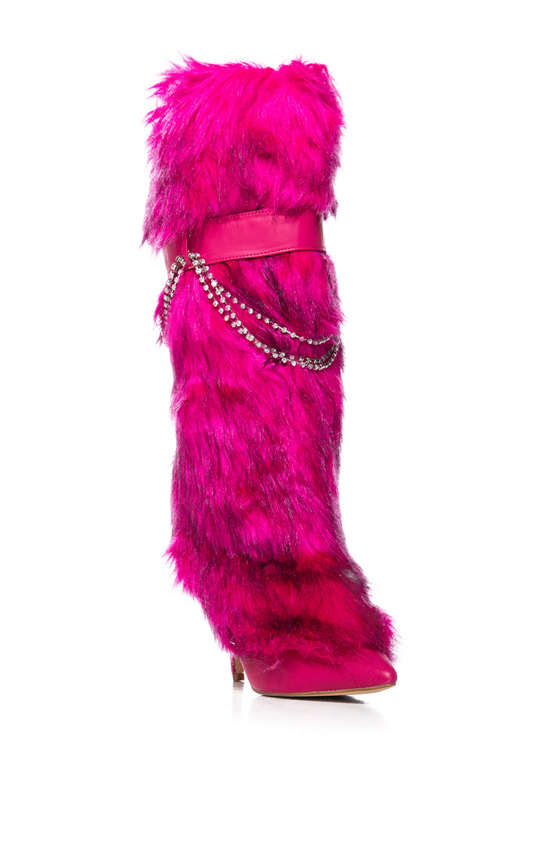 SCANDALOUS FAUX FUR STILETTO BOOT WITH RHINESTONE DETAILING IN PINK