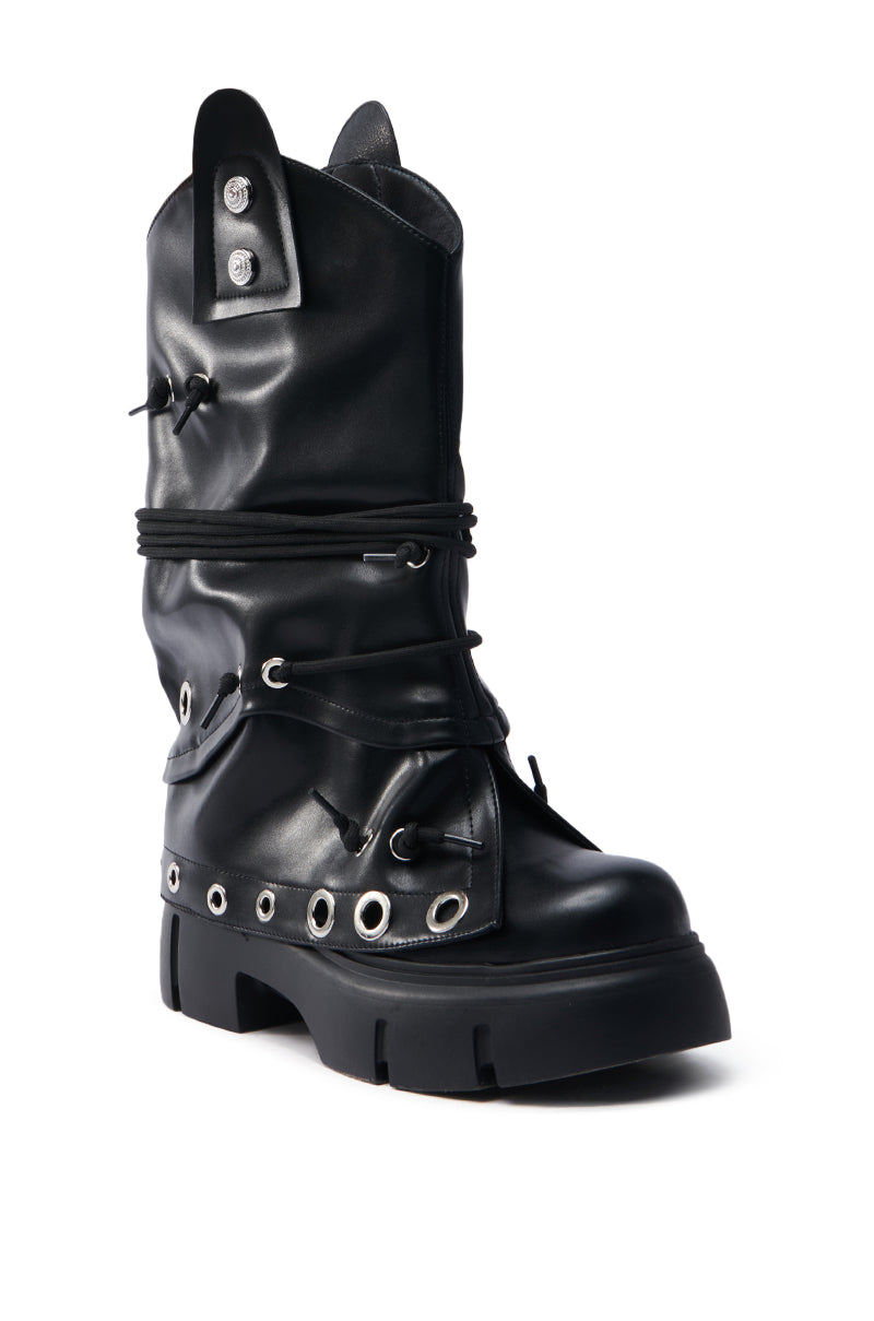 AZALEA WANG CAPIRE BLACK CINCHING COMBAT BOOTIE