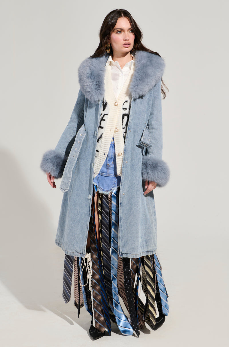 KAYA FUR TRIM TRENCH IN DENIM