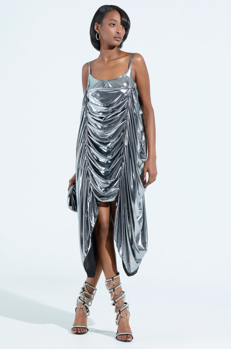 SMOOTH OPERATOR RUCHED MINI DRESS IN METALLIC GREY