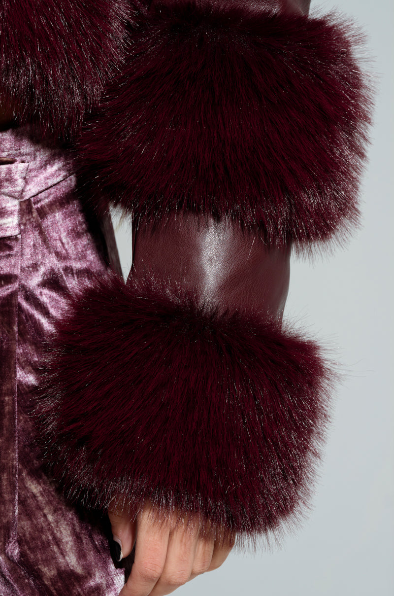 LOVERBOY FAUX FUR MOTO JACKET IN BURGUNDY