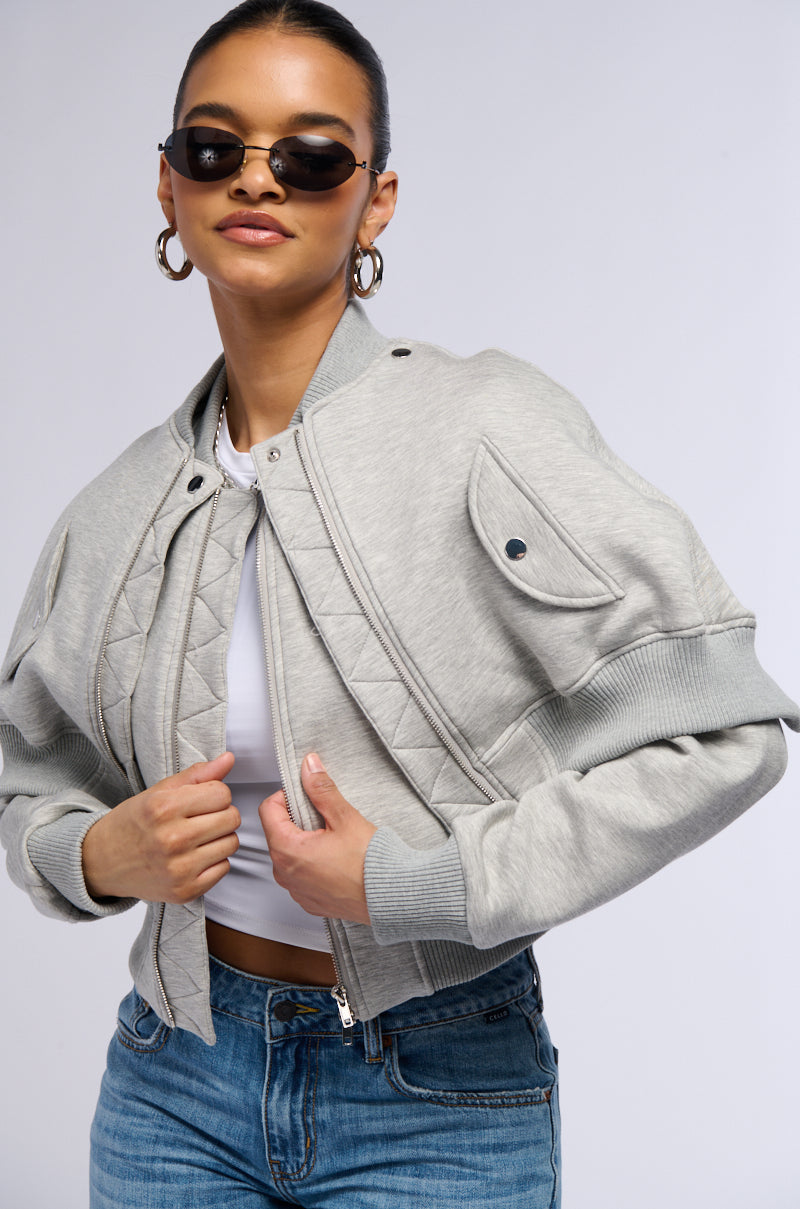 LYNX LAYERED BOMBER JACKET IN HEATHER GREY