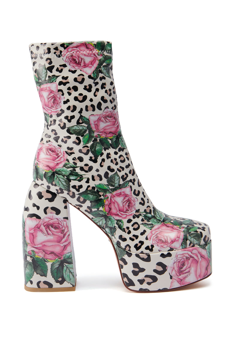 AZALEA WANG HADLEIGH LEOPARD AND FLORAL PLATFORM BOOTIE