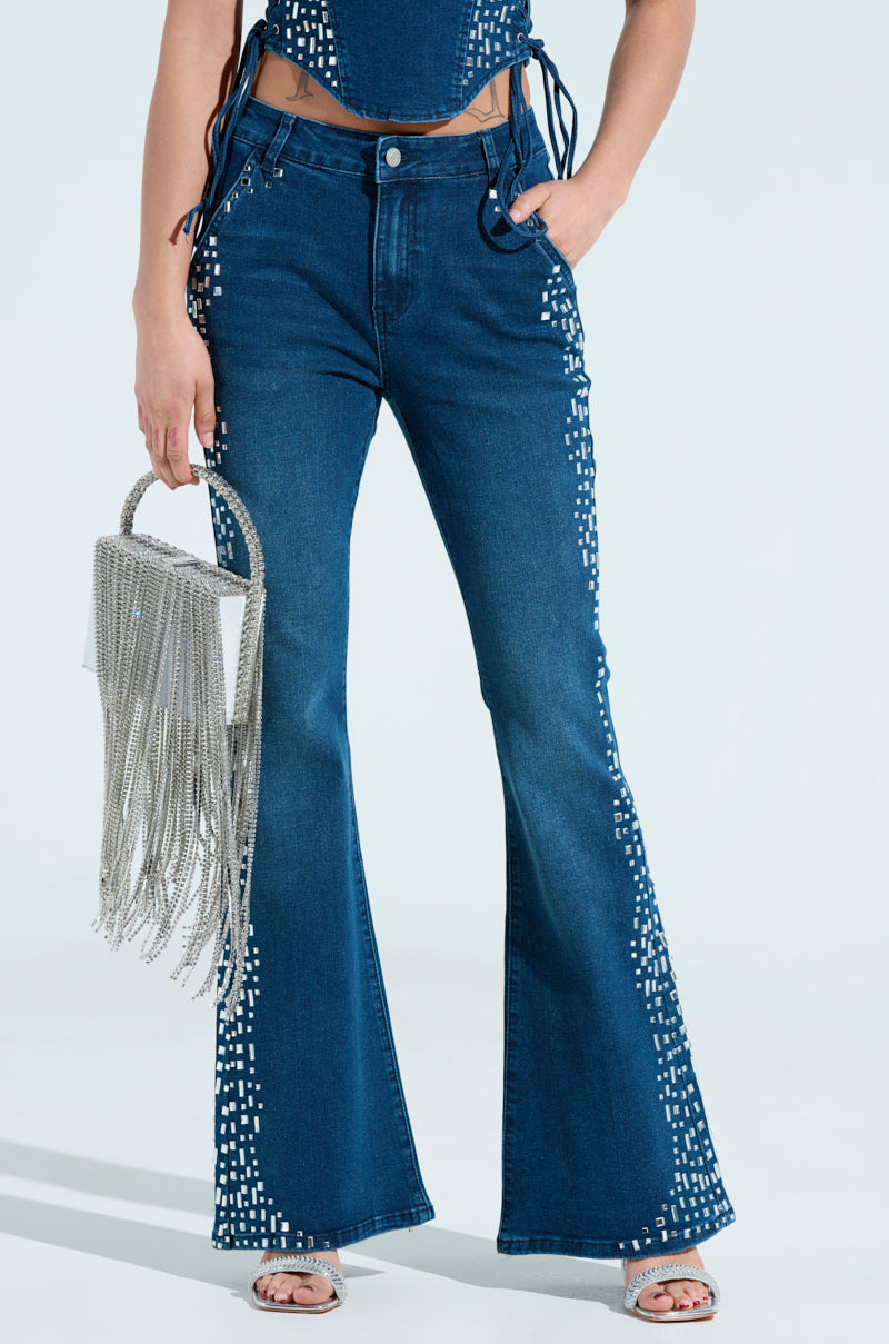 ROCKSTAR DENIM RHINESTONE FLARED PANT