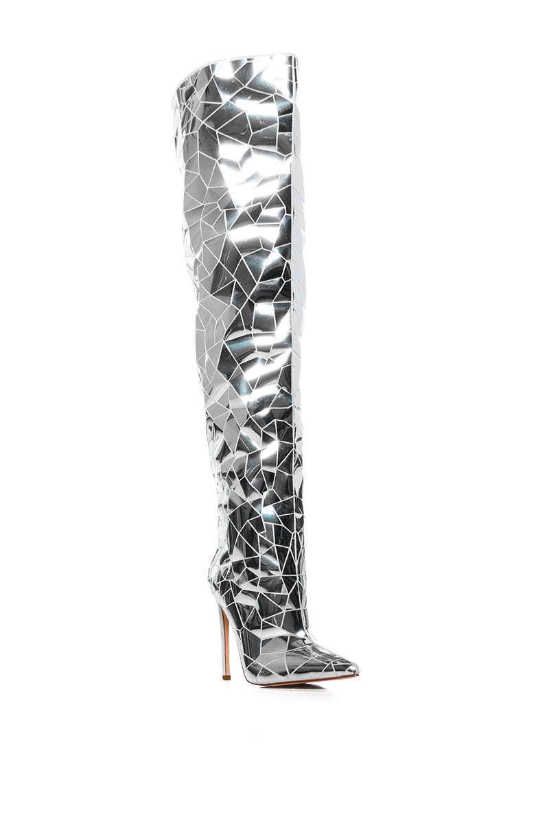 AZALEA WANG SHATTERED METALLIC STILETTO BOOT IN SILVER