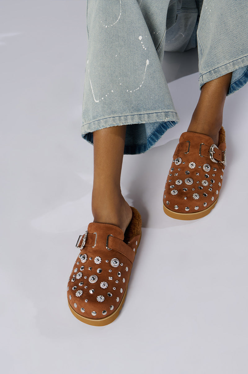 AZALEA WANG CHATTER BROWN FUR AND HARDWARE EMBELLISHED CLOG