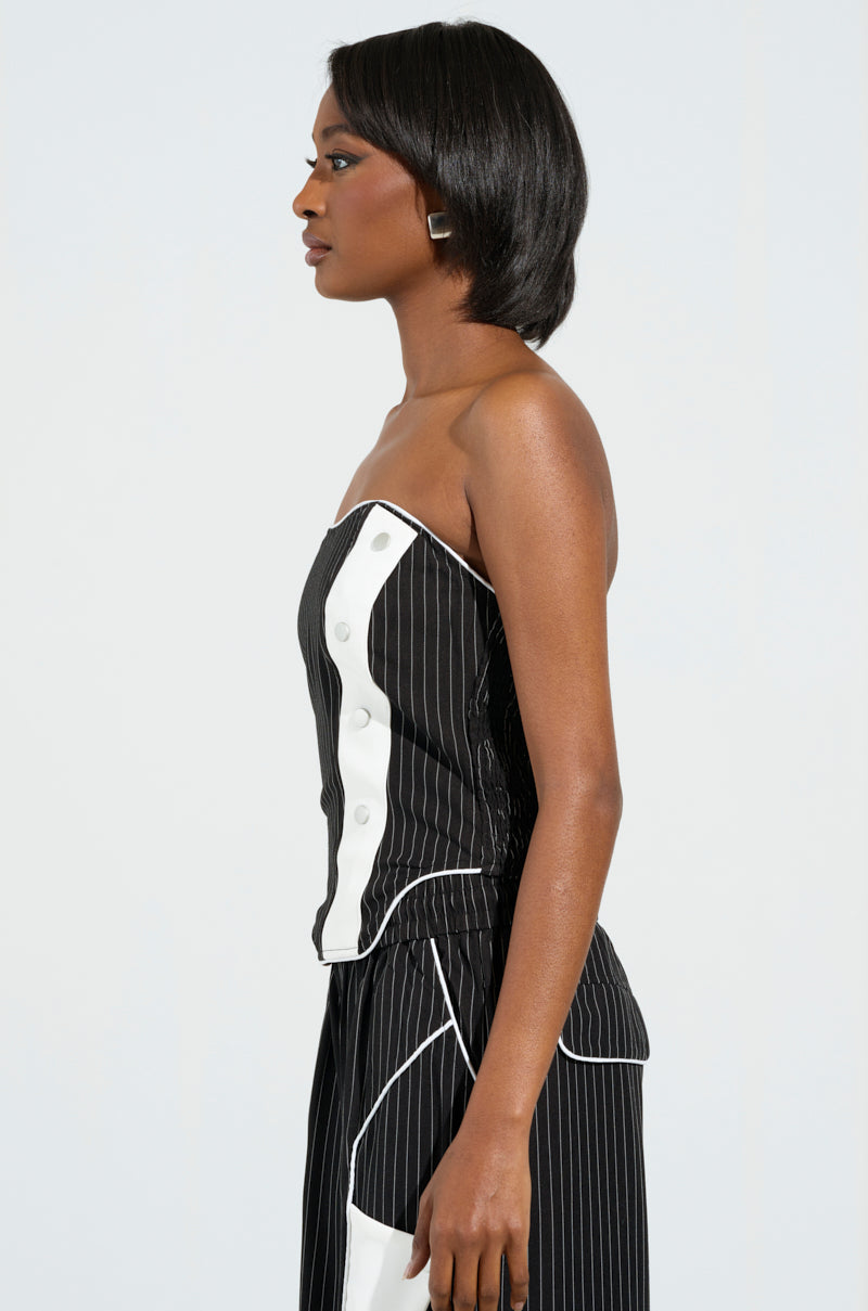 STRICTLY BUSINESS PINSTRIPE STRAPLESS TOP