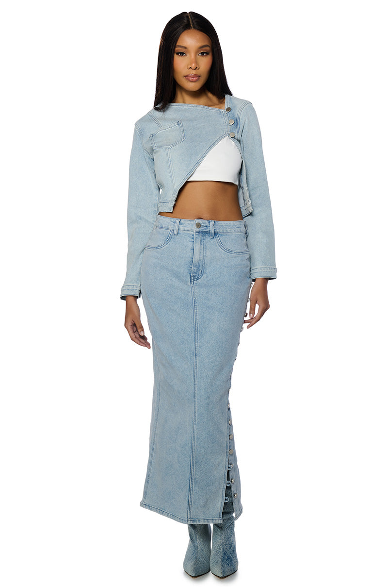 BRITNEY SIDE BUTTON DOWN DENIM MAXI SKIRT