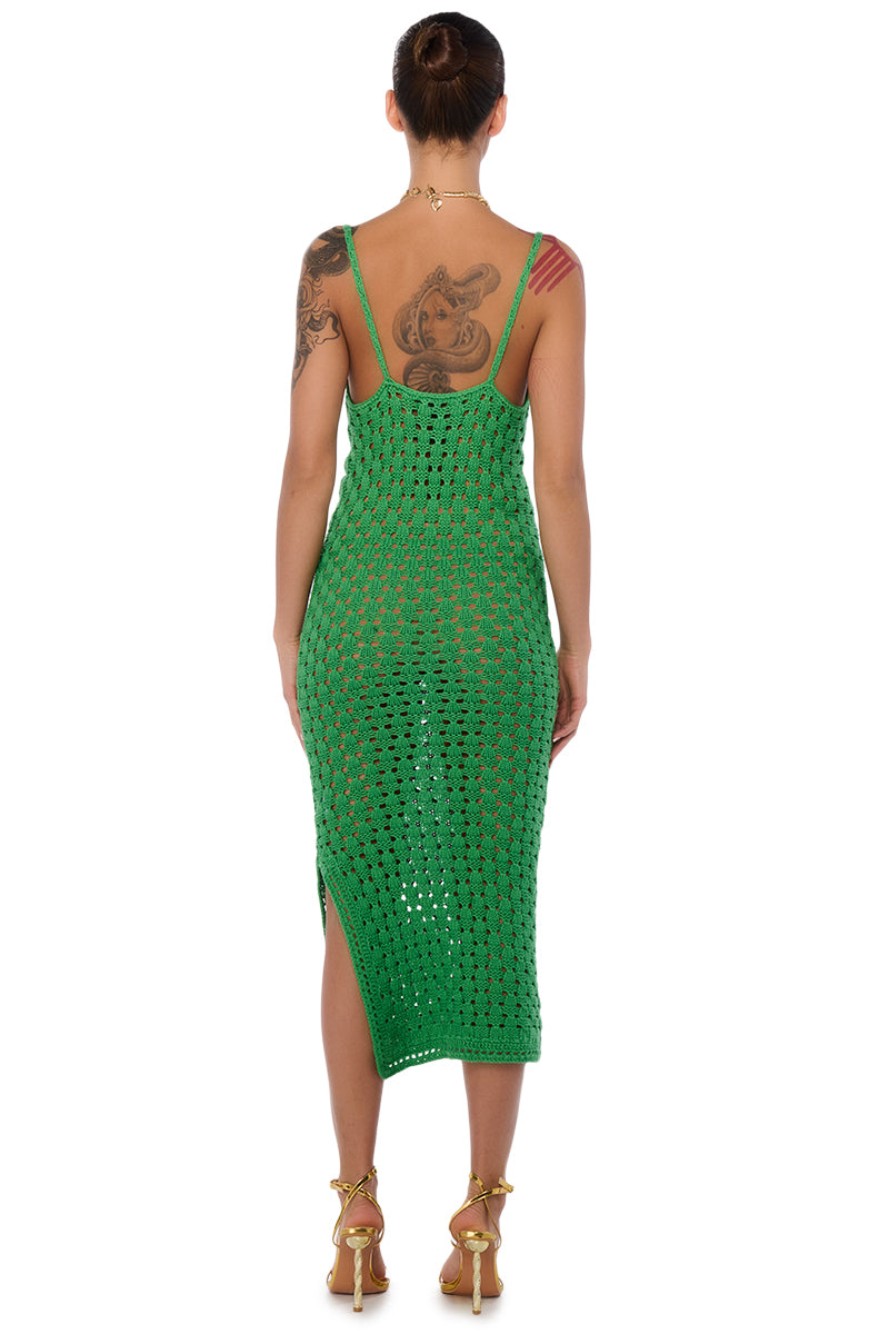 GREEN WITH ENVY CROCHET MIDI DRESS IN GREEN