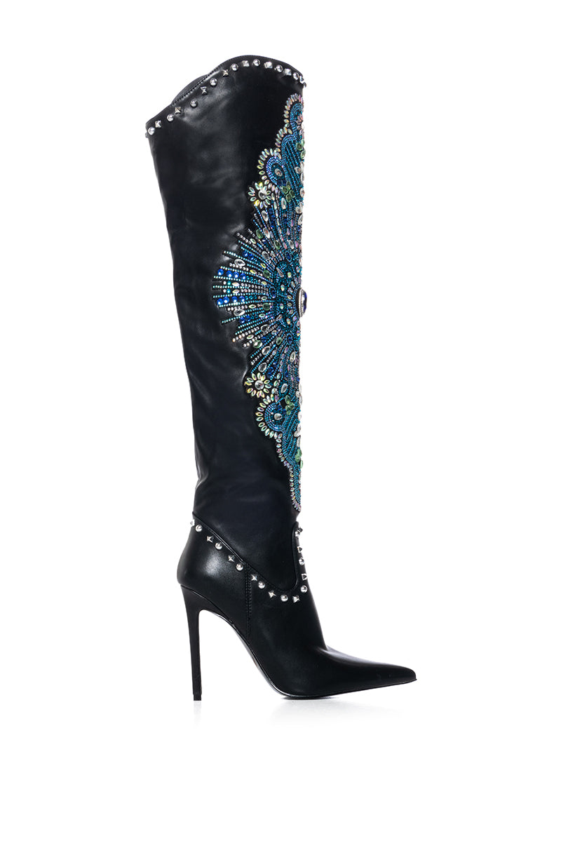 AZALEA WANG AXELLE BLACK BLUE EMBELLISHED BOOT