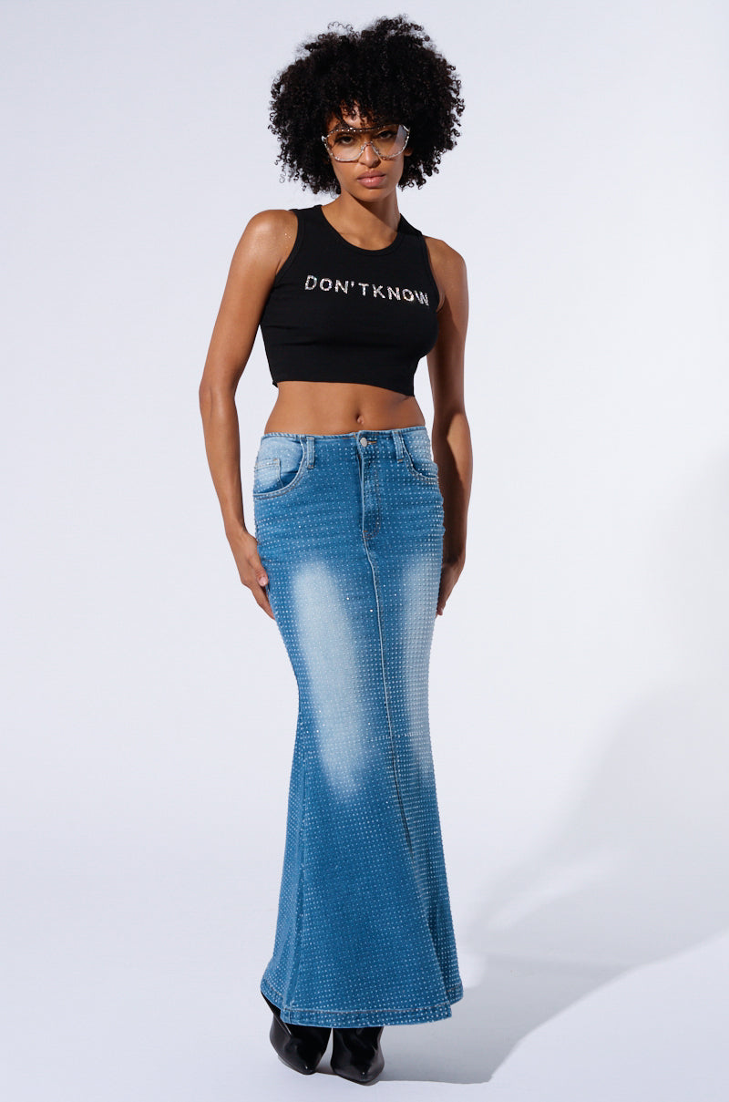 RICH GIRL ENERGY EMBELLISHED DENIM MAXI SKIRT