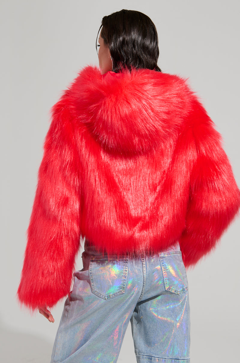 MAEVE HOODED RED FAUX FUR BOMBER