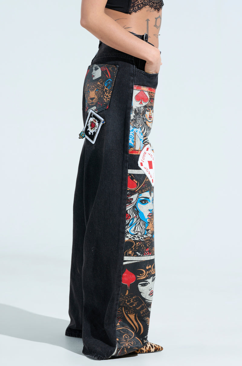 QUEEN OF HEARTS PRINTED AND EMBELLISHED DENIM PANTS