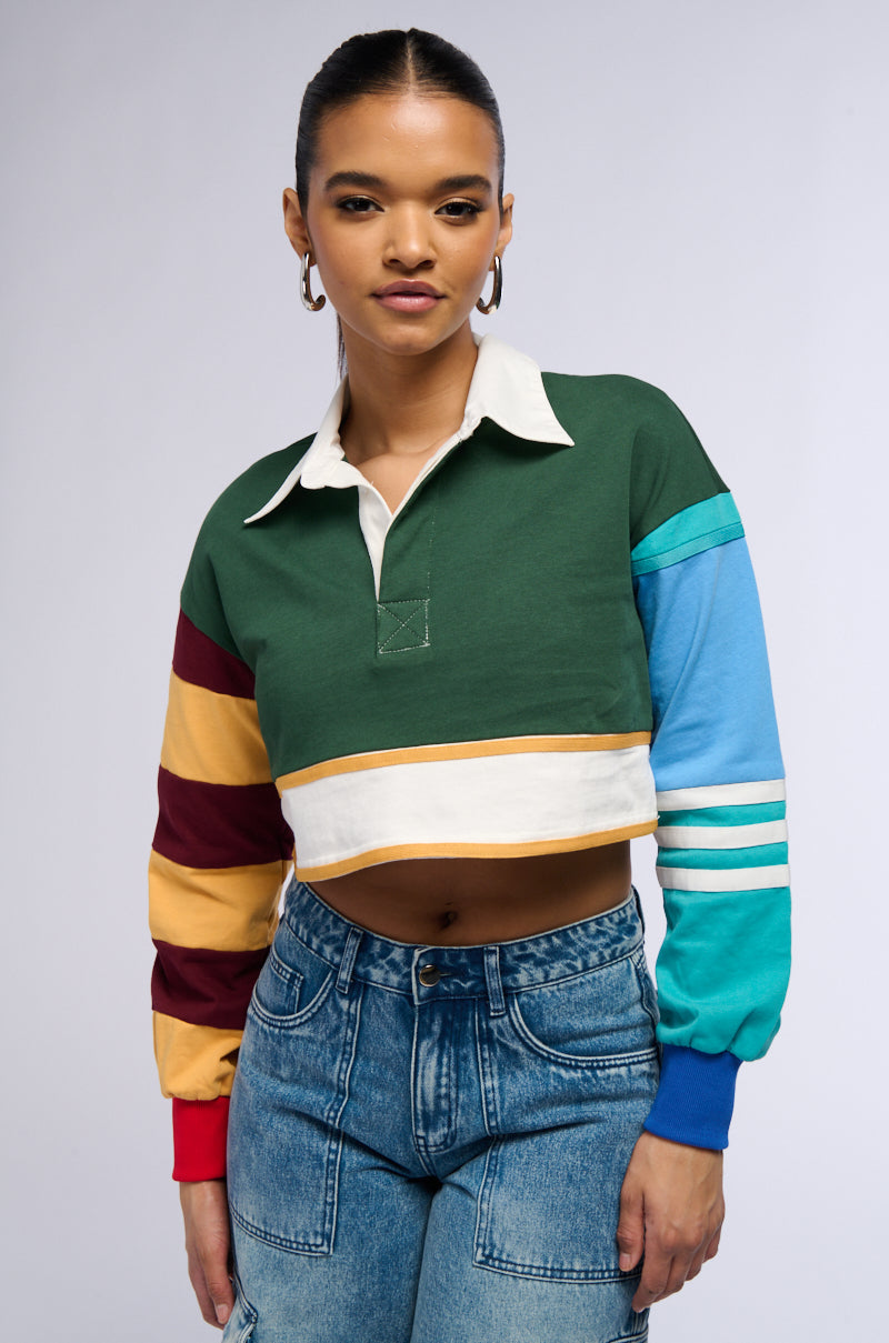 VARSITY LETTER LONG SLEEVE CROPPED POLO SHIRT