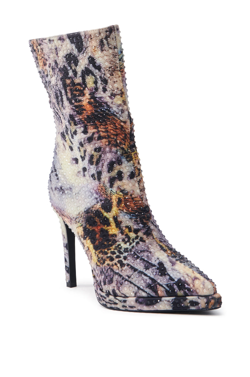 AZALEA WANG TAURA MULTI RHINESTONE EMBELLISHED ANIMAL PRINT BOOTIE