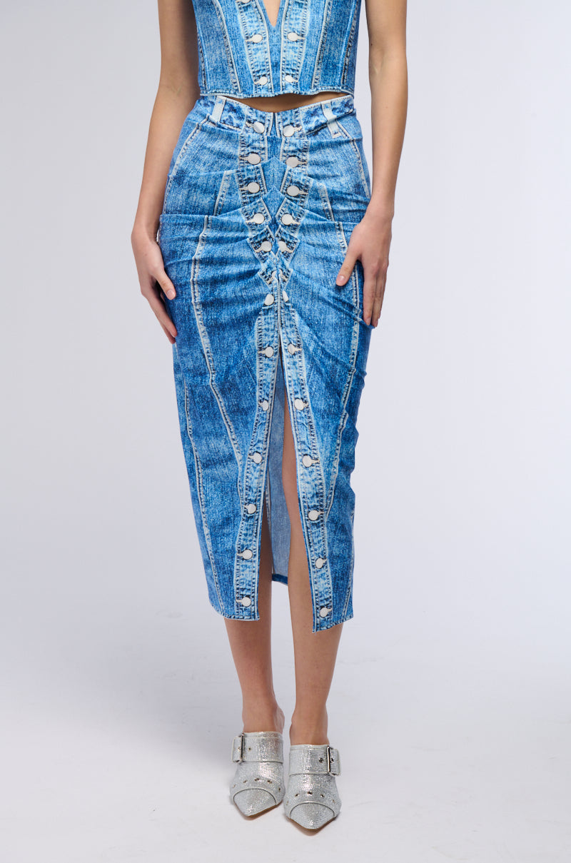 DAY DREAMING DENIM PRINTED MIDI SKIRT