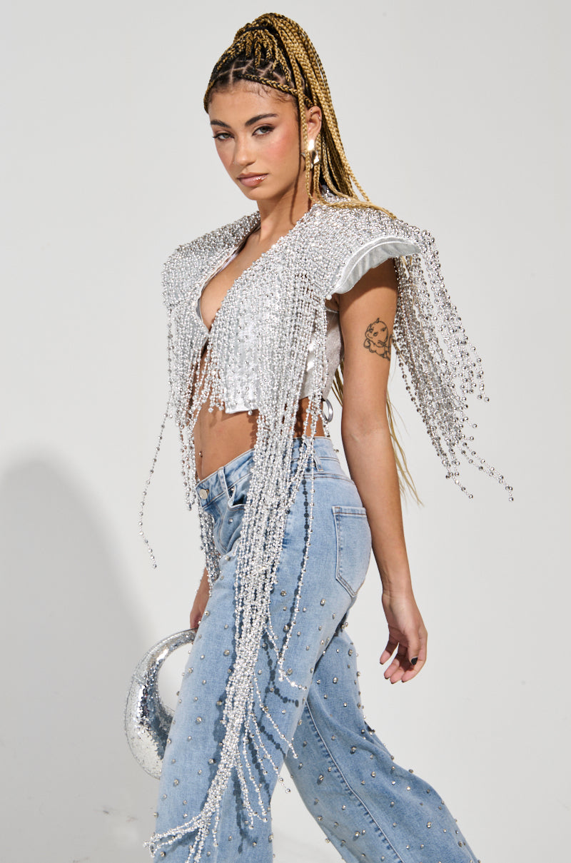 IN MY OWN LANE SILVER BEADED TOP