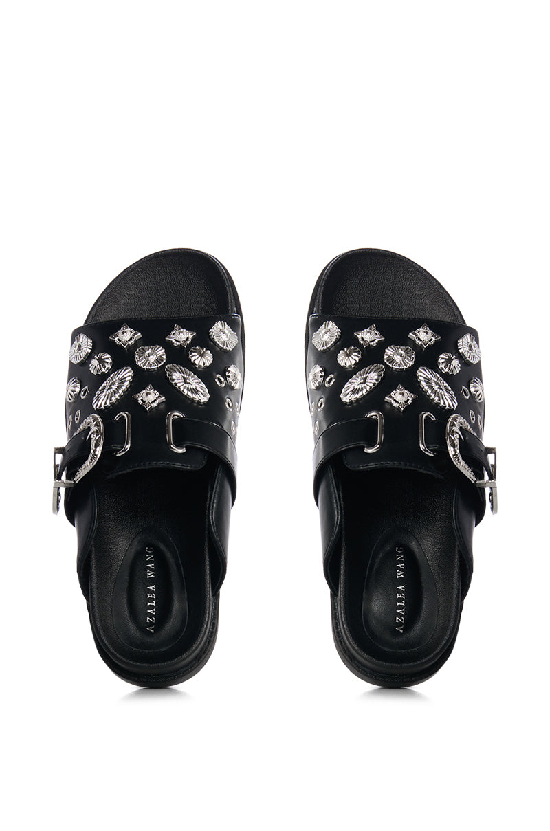 AZALEA WANG CASSANDRA BLACK SILVER CHARM SLIDE ON SANDAL