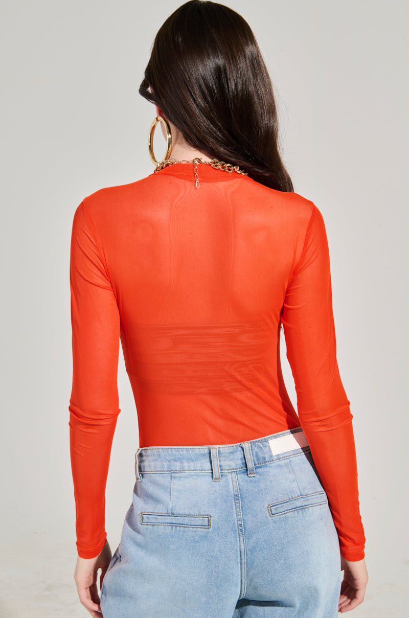 PAXTON MESH LONG SLEEVE CREW NECK BODYSUIT IN ORANGE