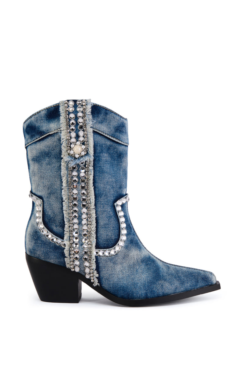 AZALEA WANG YANNIC DENIM RHINESTONE WESTERN BOOTIE