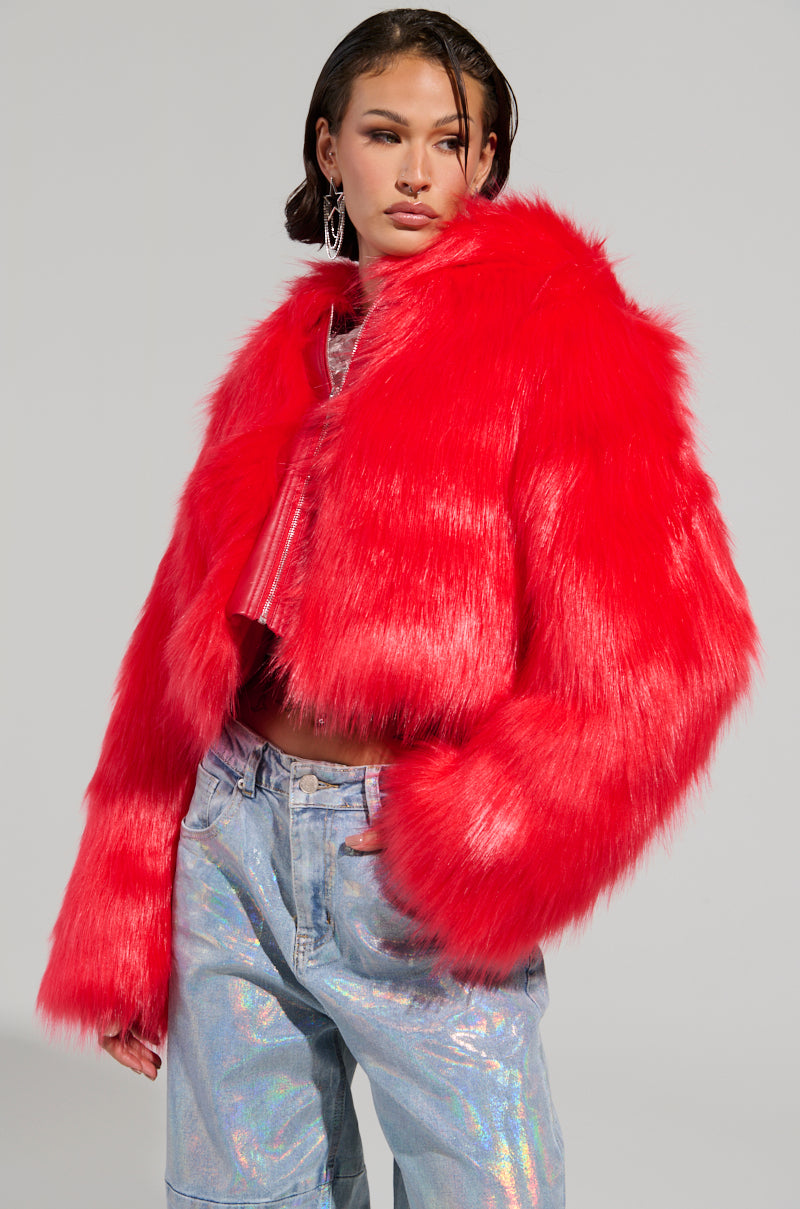 MAEVE HOODED RED FAUX FUR BOMBER