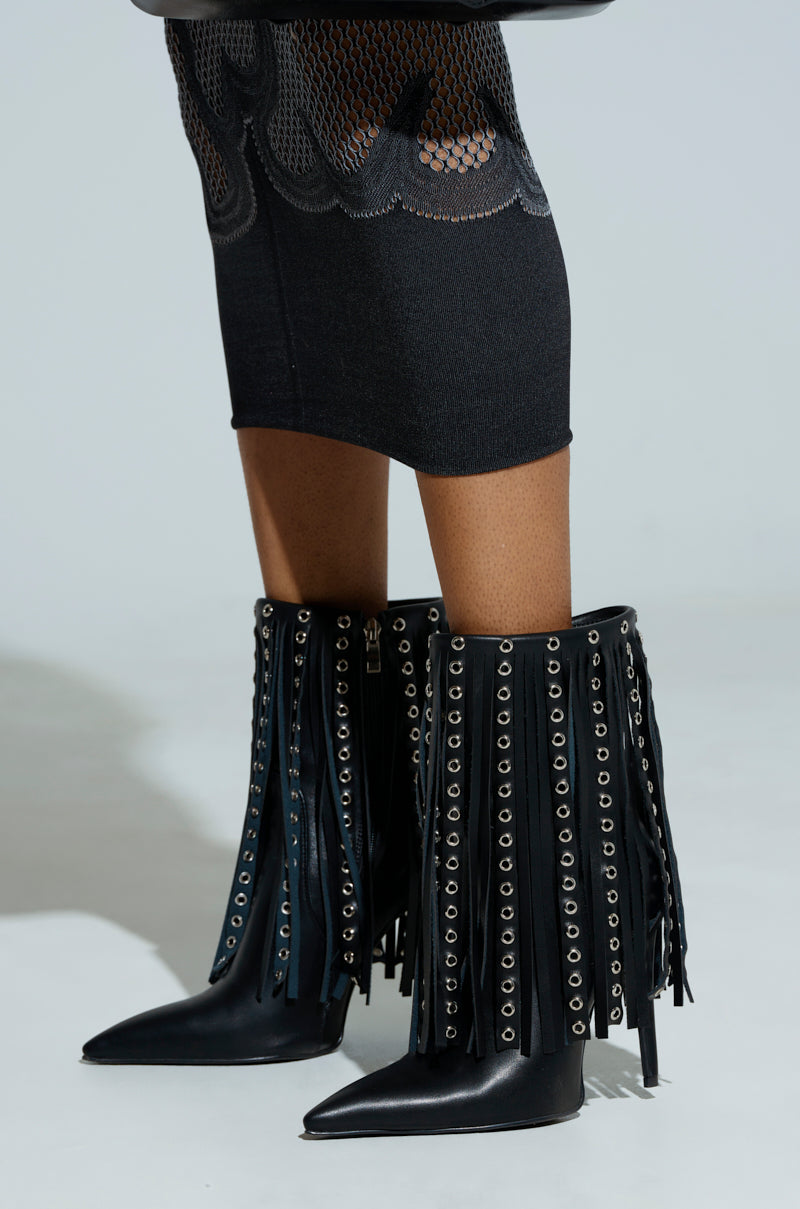 AZALEA WANG STERLING BLACK FRINGE STILETTO BOOTIE