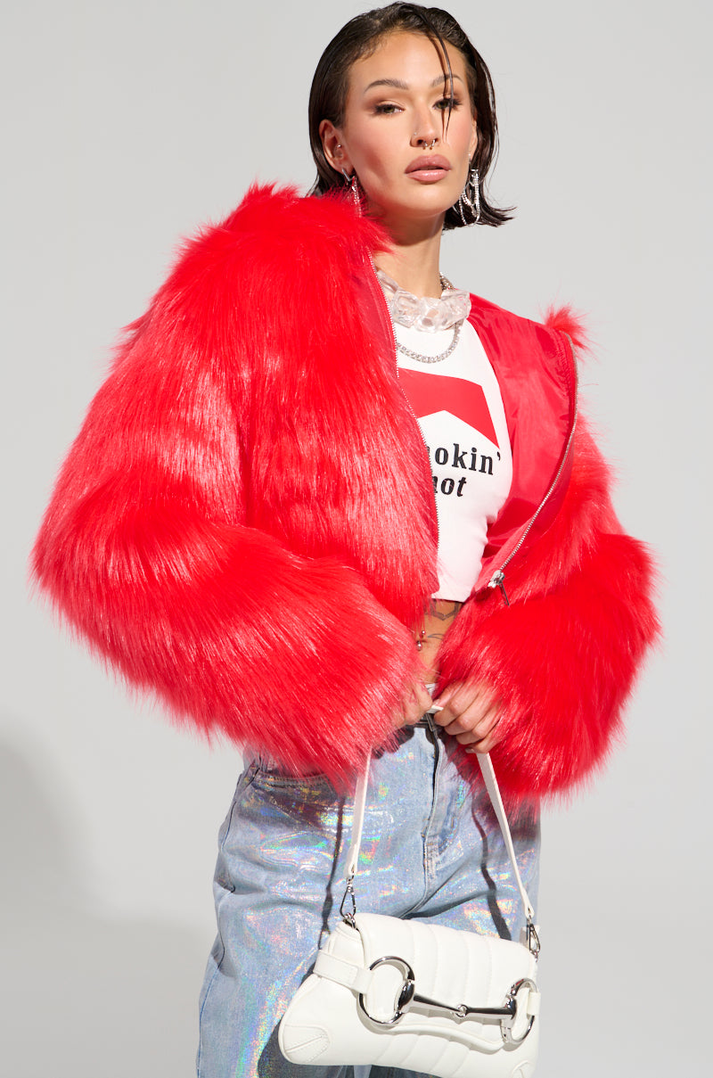 MAEVE HOODED RED FAUX FUR BOMBER