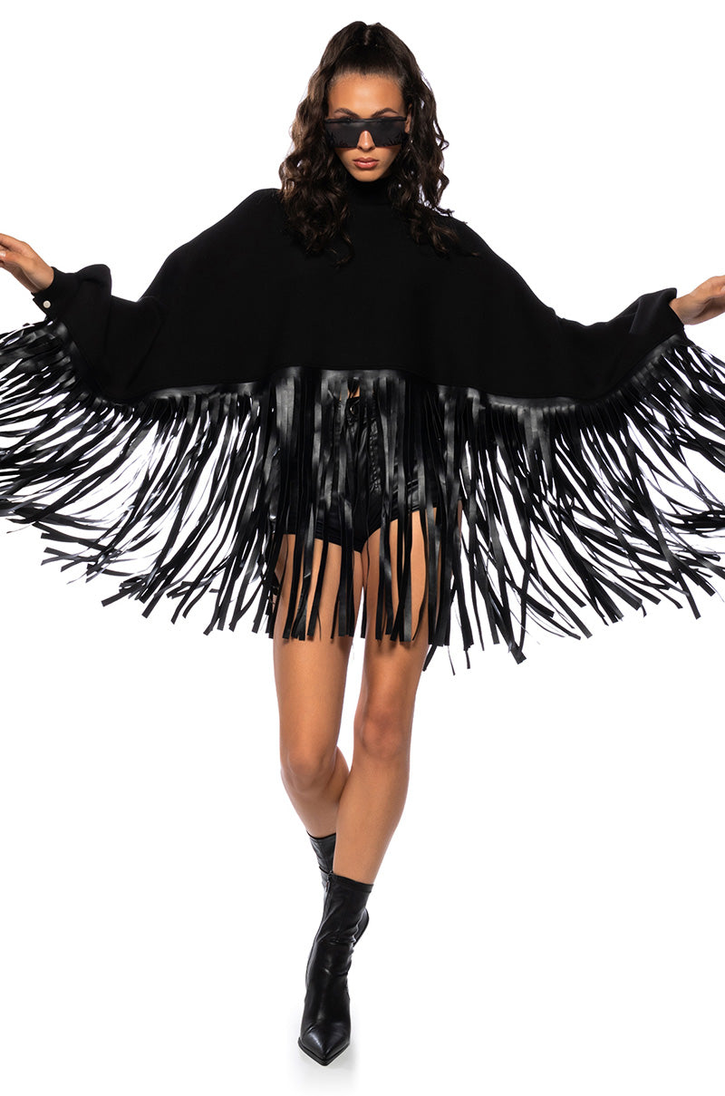 CITY GIRL FAUX LEATHER FRINGE SWEATSHIRT IN BLACK