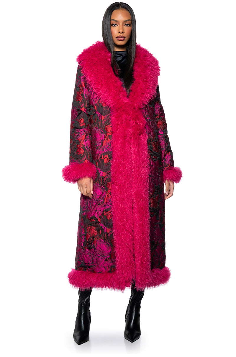 BROCADE PENNY LANE COAT WITH FAUX FUR