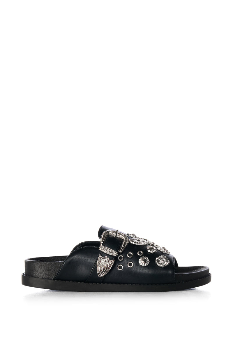 AZALEA WANG CASSANDRA BLACK SILVER CHARM SLIDE ON SANDAL