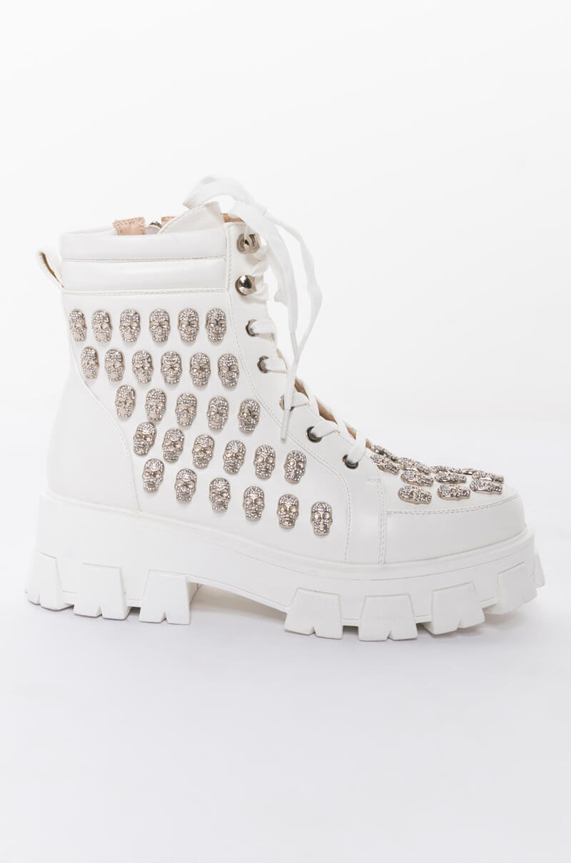 AZALEA WANG DIAMOND SKULL FLATFORM BOOTIE IN WHITE