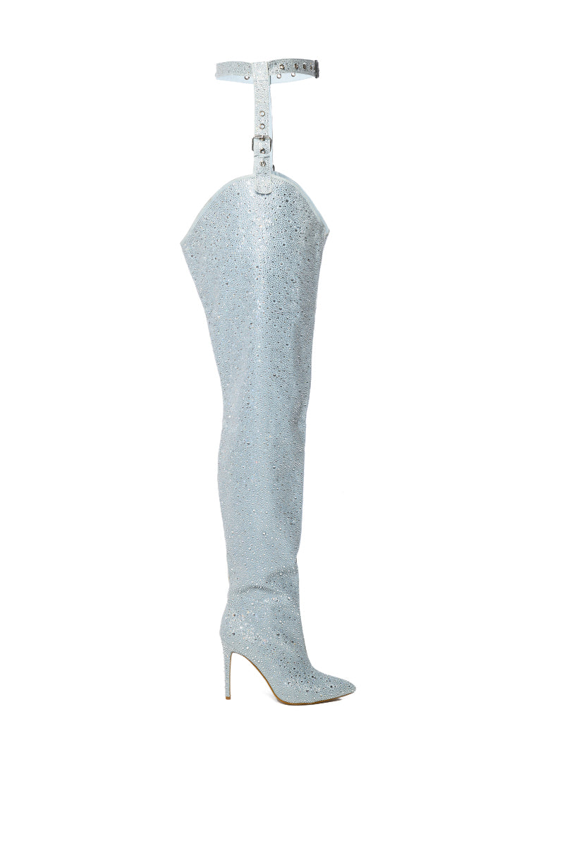 AZALEA WANG JINNY EMBELLISHED THIGH HIGH DENIM CHAP BOOT IN SILVER