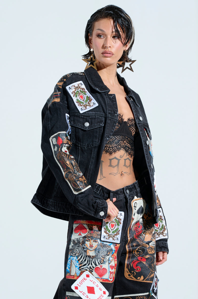 QUEEN OF HEARTS PRINTED AND EMBELLISHED DENIM JACKET