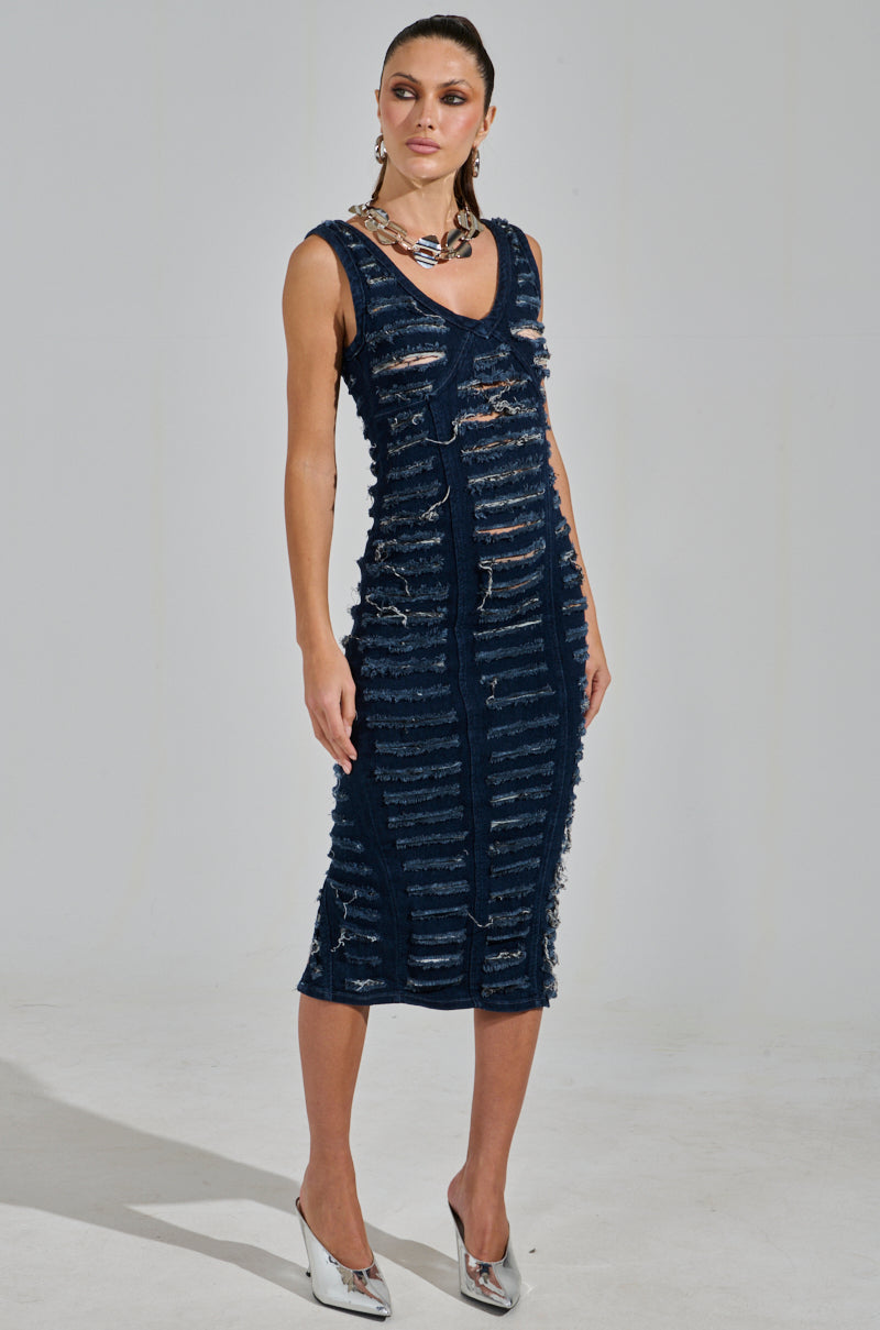 SHE'S GOT IT SHREDDED DENIM MIDI DRESS IN DARK BLUE