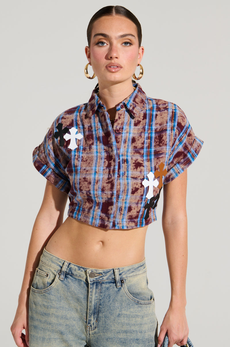 NEVER CROSS ME PLAID SHORT SLEEVE BUTTON DOWN