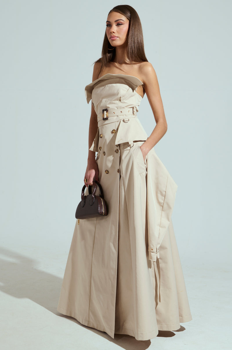 STRAPLESS TRENCH MAXI DRESS