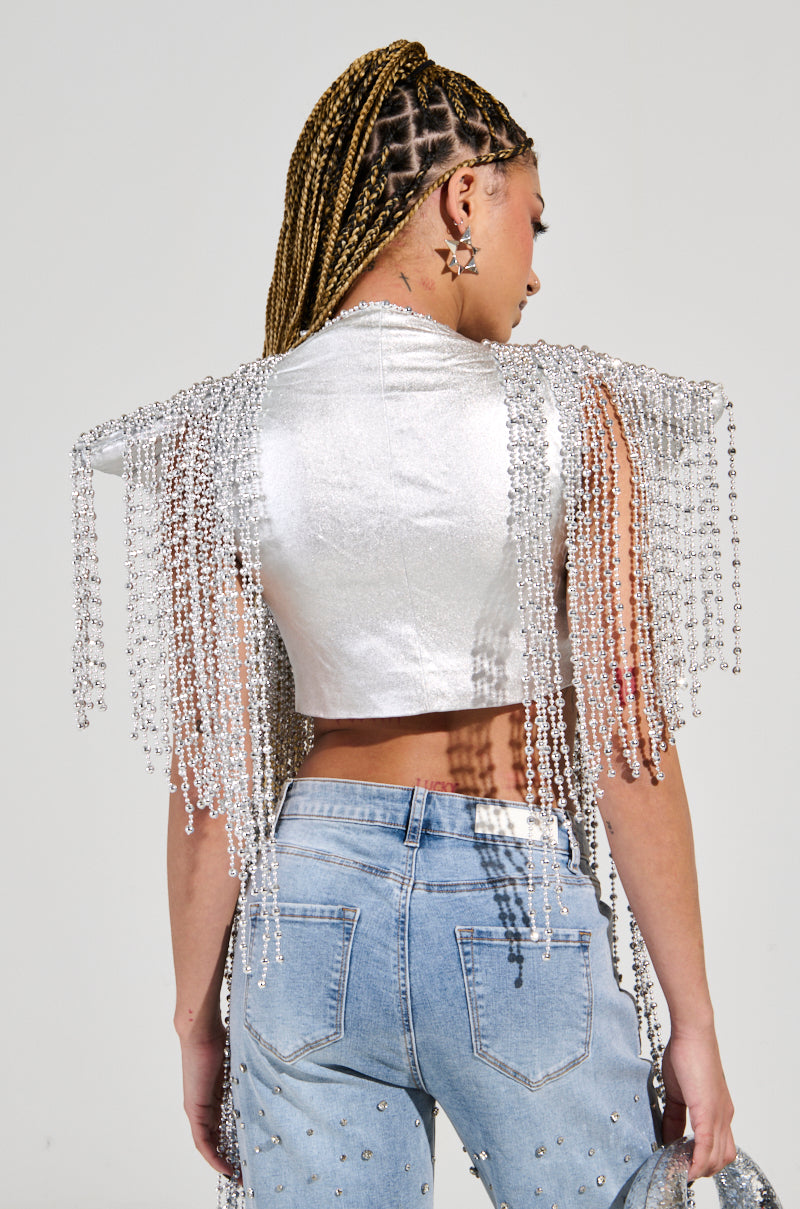 IN MY OWN LANE SILVER BEADED TOP