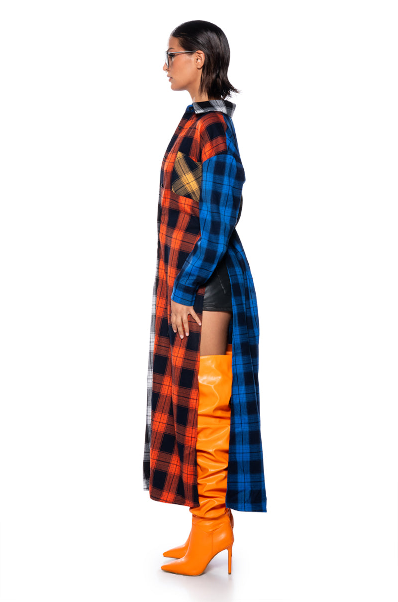 TEEN SPIRIT ULTRA LONG PLAID BUTTON DOWN