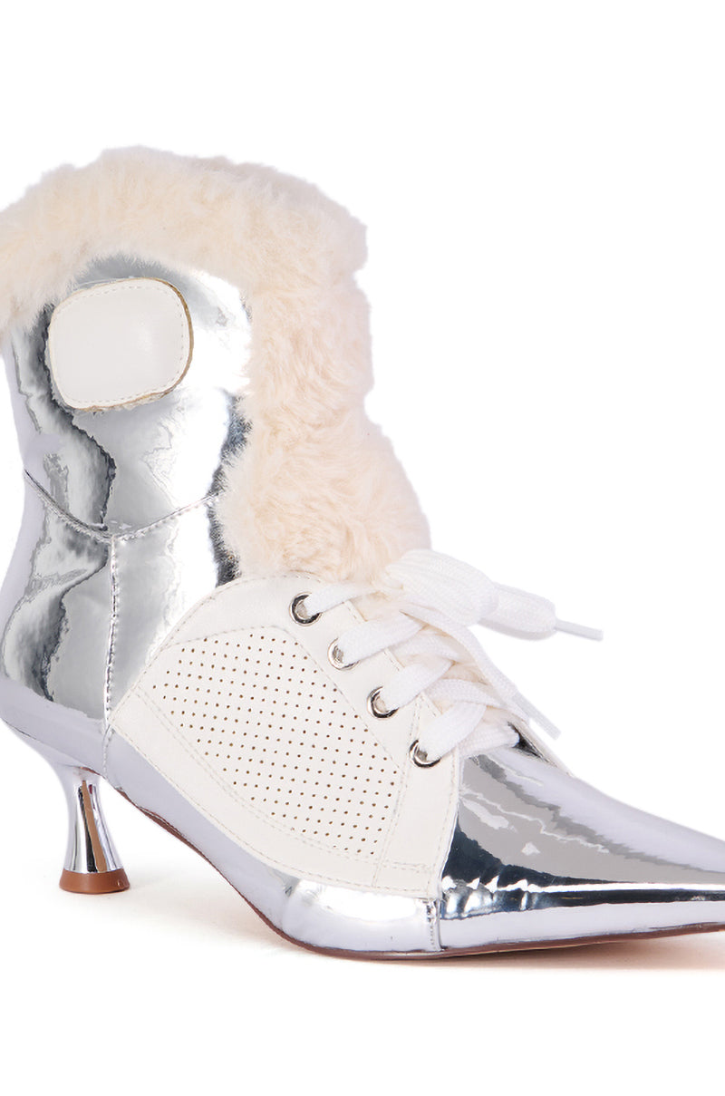 AZALEA WANG CONTESSA SILVER CHROME BOOTIE WITH FUR TRIM