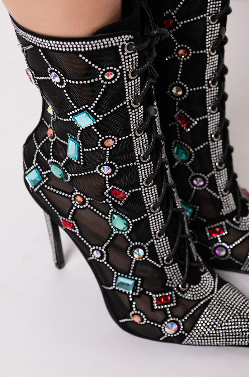 AZALEA WANG DIAMOND DREAMS STILETTO BOOTIE IN BLACK MULTI