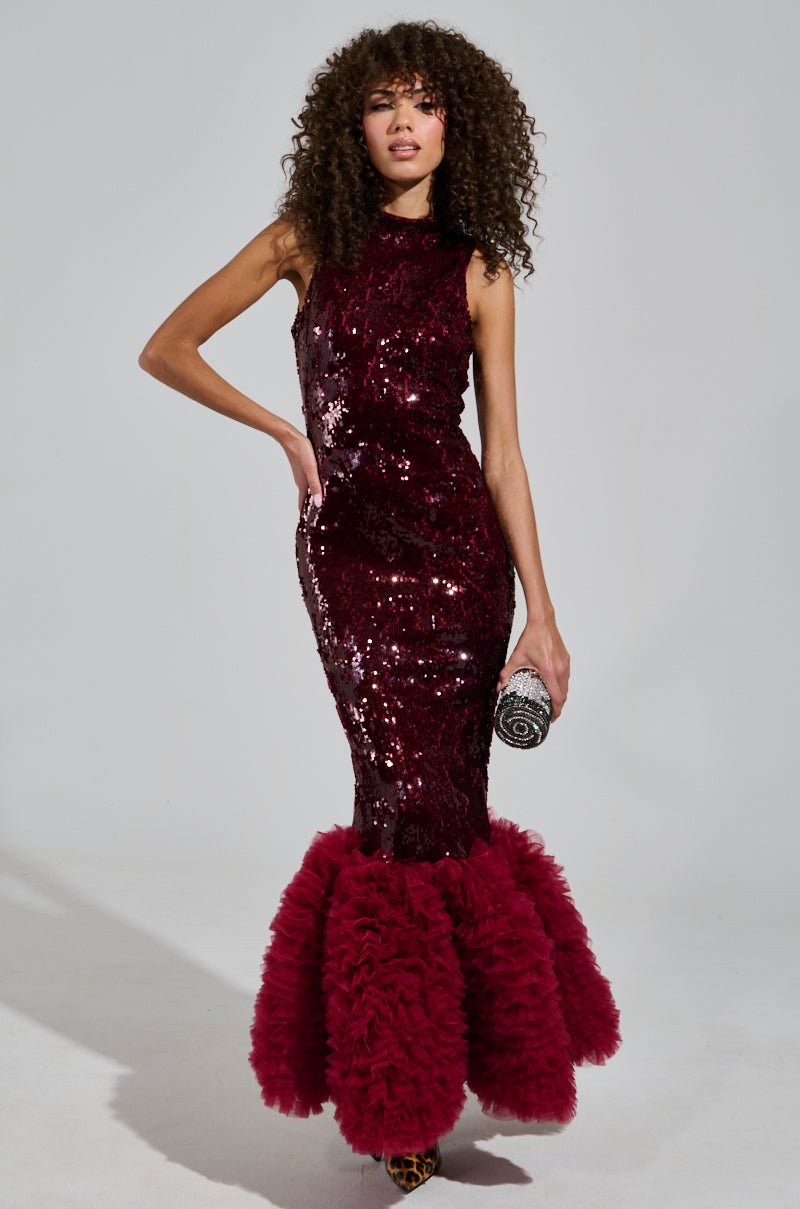 BELLE OF THE BALL SEQUIN RUFFLE MAXI DRESS